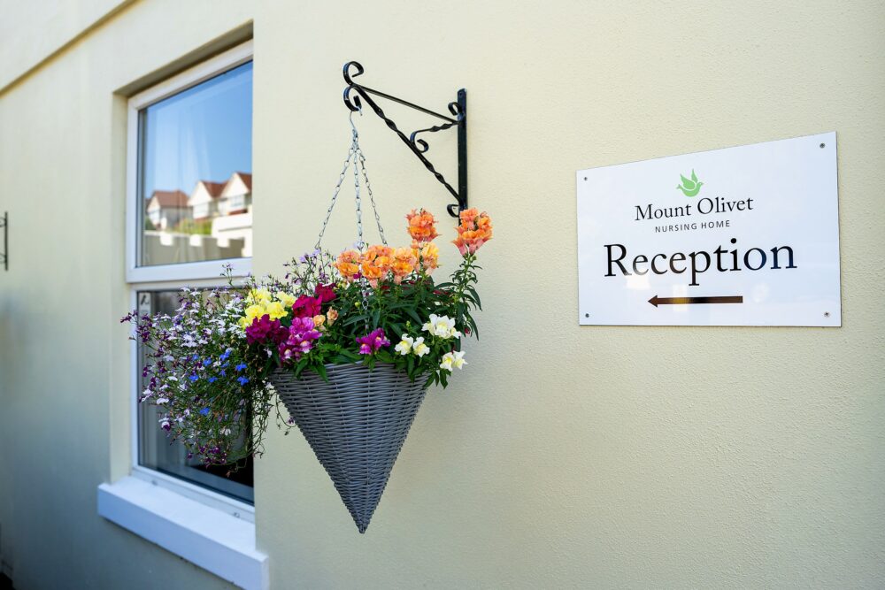 A hanging flower basket beside the Reception sign at Mount Olivet's entrance