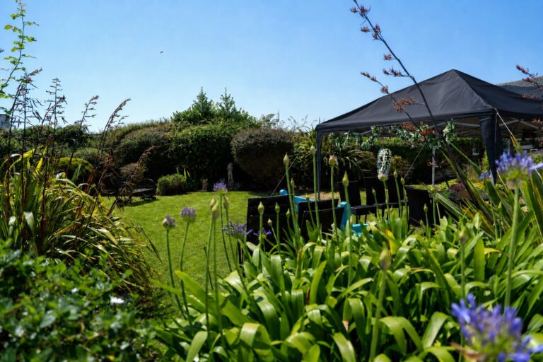 Flowering plants in Mount Olivet's garden, with the gazebo and seating area beyond