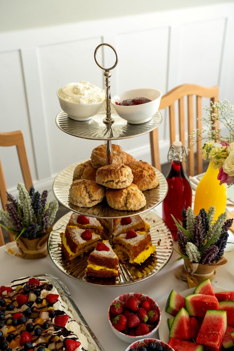 A full afternoon tea spread on a cake stand at Mount Olivet