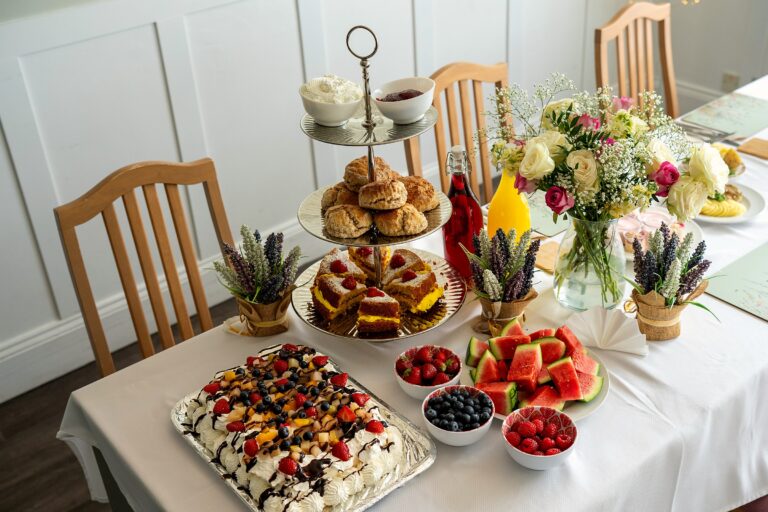 Afternoon tea cakes and pastries arranged on a stand